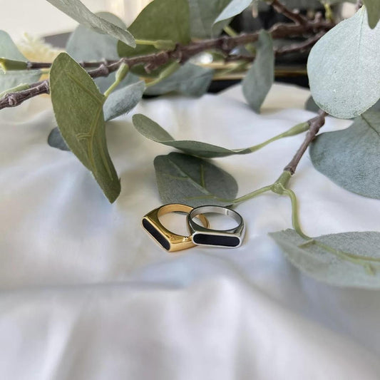 Stainless Steel Ring with Black Gemstone | 1 Pc (Golden)