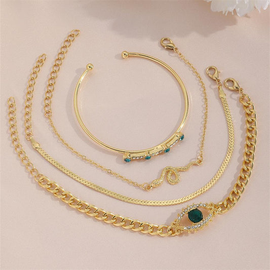 4 Pcs Gold Plated Charms Hanging Bracelet Set with Rhinestones